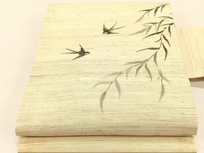 平和屋着物＊夏物　九寸名古屋帯　手描き　飛鳥枝葉文　麻　逸品　CABJ4795fb