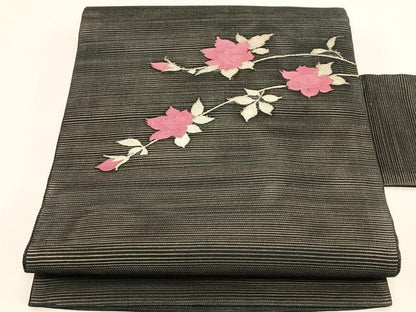 平和屋着物＊夏物　九寸名古屋帯　枝花文　黒地　銀糸　正絹　逸品　CABJ4796fb