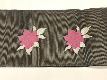 平和屋着物＊夏物　九寸名古屋帯　枝花文　黒地　銀糸　正絹　逸品　CABJ4796fb