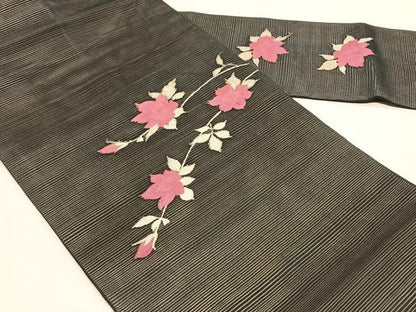 平和屋着物＊夏物　九寸名古屋帯　枝花文　黒地　銀糸　正絹　逸品　CABJ4796fb