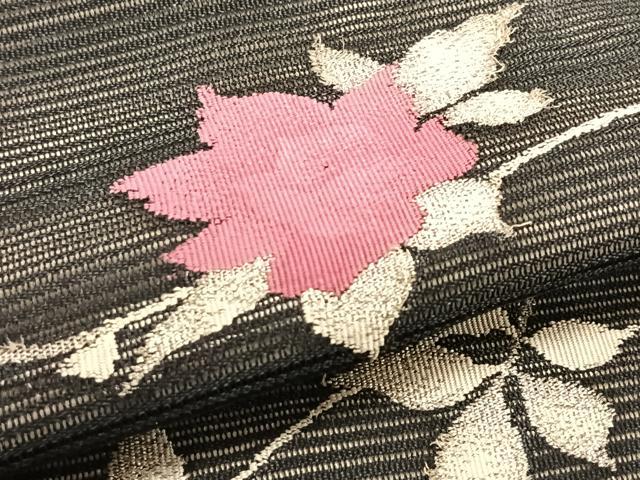 平和屋着物＊夏物　九寸名古屋帯　枝花文　黒地　銀糸　正絹　逸品　CABJ4796fb