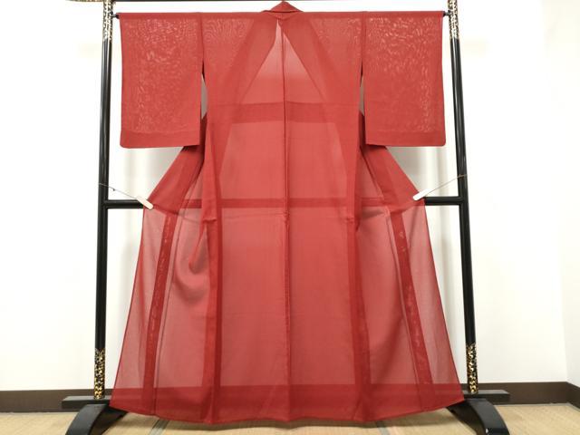 平和屋着物＊夏物　色無地　絽　霞紋紗　紅海老茶色　正絹　逸品　CABJ4804hy