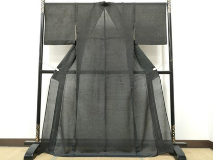 平和屋着物＊夏物　お召　紗　間道　黒地　正絹　逸品　CABJ4805hy