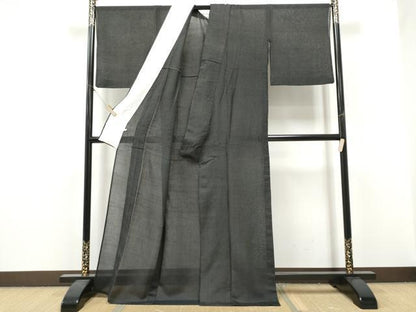 平和屋着物＊夏物　お召　紗　間道　黒地　正絹　逸品　CABJ4805hy