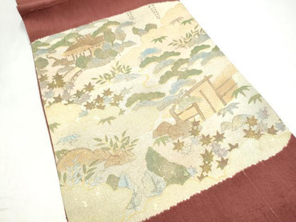 平和屋着物●太鼓柄袋帯　紬地　風景文　金彩　正絹　逸品　CABJ4841hy