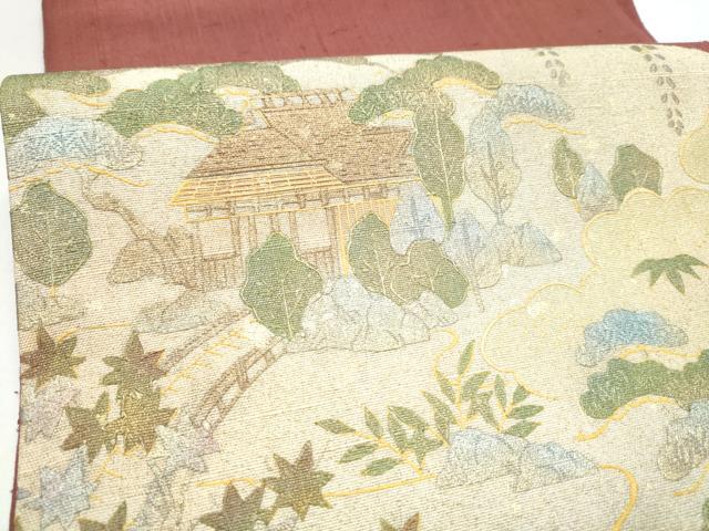 平和屋着物●太鼓柄袋帯　紬地　風景文　金彩　正絹　逸品　CABJ4841hy