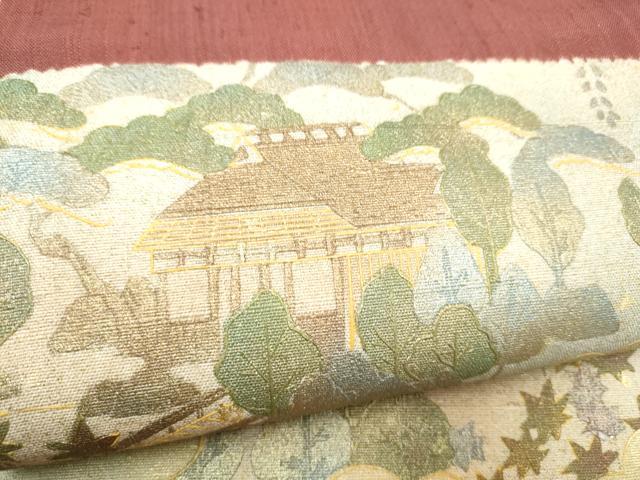 平和屋着物●太鼓柄袋帯　紬地　風景文　金彩　正絹　逸品　CABJ4841hy
