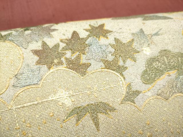 平和屋着物●太鼓柄袋帯　紬地　風景文　金彩　正絹　逸品　CABJ4841hy