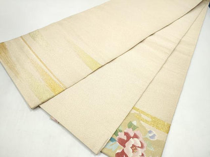 平和屋着物●爪掻き本綴れ　太鼓柄袋帯　流水草花文　金銀糸　正絹　逸品　CABJ4843hy