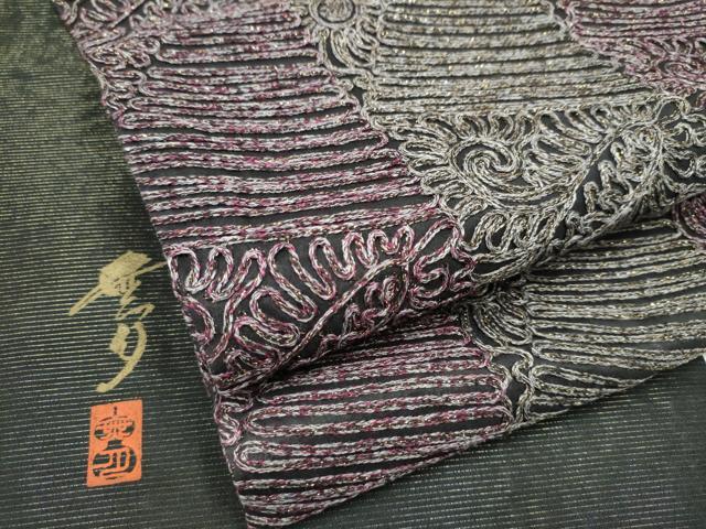 平和屋着物●染織デザイナー　堀口無月 　MUGETSU　チュール織　全通柄袋帯　唐草文　金糸　正絹　逸品　CABJ4851hy