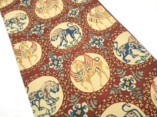 平和屋着物●塩瀬　全通柄袋帯　型染め　動物丸文　正絹　逸品　CABJ4865hy
