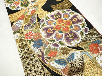 平和屋着物●六通柄袋帯　唐織　束ね熨斗花蝶文　黒地　金糸　正絹　逸品　CABJ4876hy