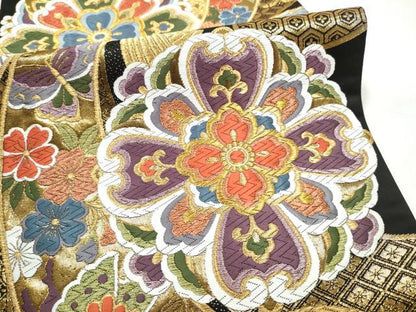 平和屋着物●六通柄袋帯　唐織　束ね熨斗花蝶文　黒地　金糸　正絹　逸品　CABJ4876hy