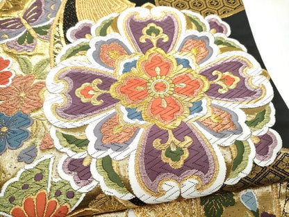 平和屋着物●六通柄袋帯　唐織　束ね熨斗花蝶文　黒地　金糸　正絹　逸品　CABJ4876hy