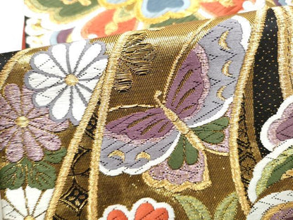 平和屋着物●六通柄袋帯　唐織　束ね熨斗花蝶文　黒地　金糸　正絹　逸品　CABJ4876hy