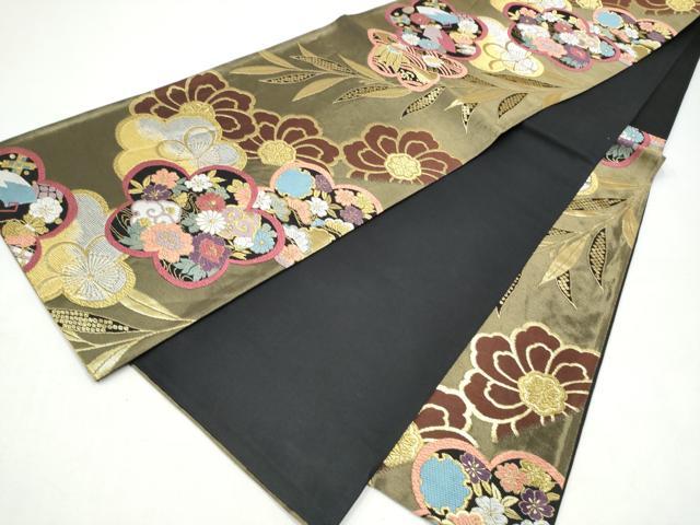 平和屋着物●六通柄袋帯　唐織　舞花文　黒地　金糸　正絹　逸品　CABJ4877hy
