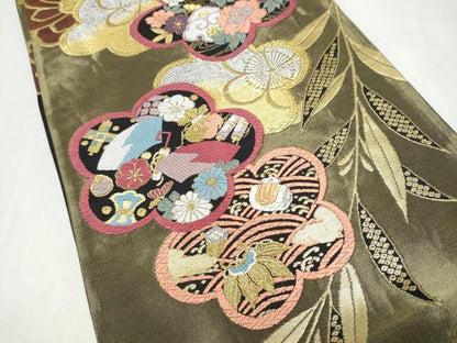 平和屋着物●六通柄袋帯　唐織　舞花文　黒地　金糸　正絹　逸品　CABJ4877hy