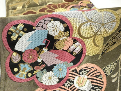 平和屋着物●六通柄袋帯　唐織　舞花文　黒地　金糸　正絹　逸品　CABJ4877hy