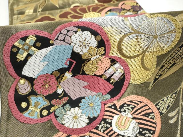 平和屋着物●六通柄袋帯　唐織　舞花文　黒地　金糸　正絹　逸品　CABJ4877hy