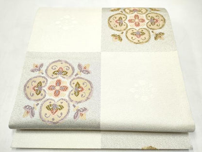 平和屋着物●六通柄袋帯　市松花文　正絹　逸品　CABJ4889hy