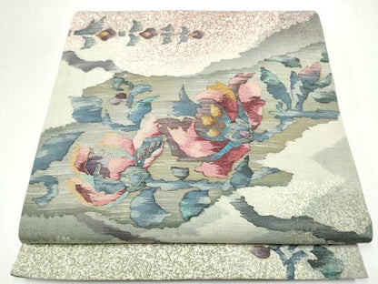 平和屋着物●太鼓柄袋帯　作家物　紬地　刺繍　更紗花文　金彩　正絹　逸品　CABJ4896hy
