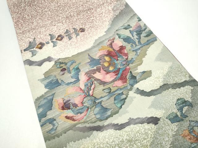 平和屋着物●太鼓柄袋帯　作家物　紬地　刺繍　更紗花文　金彩　正絹　逸品　CABJ4896hy