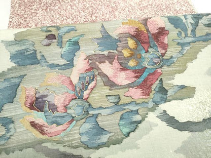 平和屋着物●太鼓柄袋帯　作家物　紬地　刺繍　更紗花文　金彩　正絹　逸品　CABJ4896hy