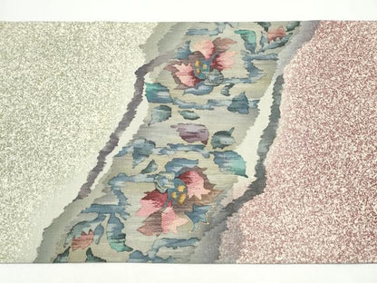 平和屋着物●太鼓柄袋帯　作家物　紬地　刺繍　更紗花文　金彩　正絹　逸品　CABJ4896hy