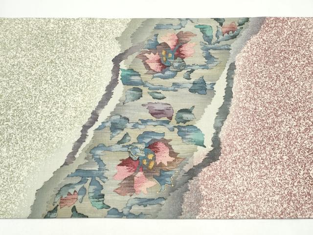 平和屋着物●太鼓柄袋帯　作家物　紬地　刺繍　更紗花文　金彩　正絹　逸品　CABJ4896hy