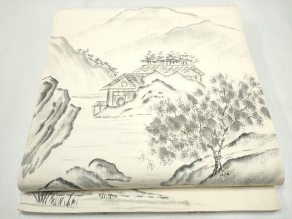 平和屋着物●太鼓柄袋帯　作家物　手描き　紬地　遠山風景文　正絹　逸品　CABJ4934hy