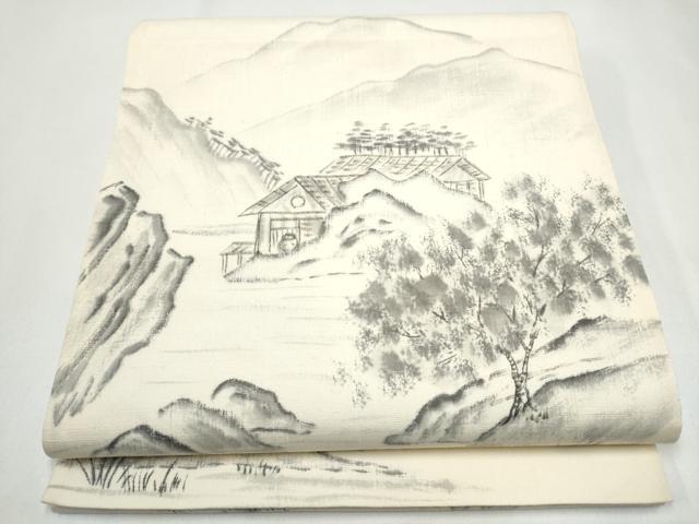 平和屋着物●太鼓柄袋帯　作家物　手描き　紬地　遠山風景文　正絹　逸品　CABJ4934hy