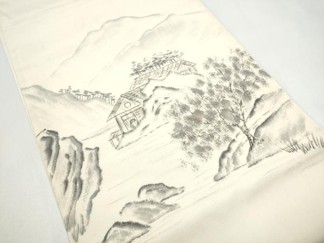 平和屋着物●太鼓柄袋帯　作家物　手描き　紬地　遠山風景文　正絹　逸品　CABJ4934hy