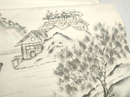 平和屋着物●太鼓柄袋帯　作家物　手描き　紬地　遠山風景文　正絹　逸品　CABJ4934hy