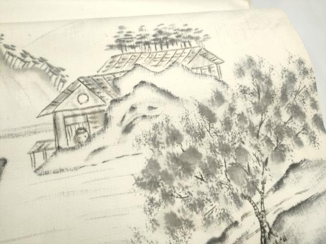 平和屋着物●太鼓柄袋帯　作家物　手描き　紬地　遠山風景文　正絹　逸品　CABJ4934hy
