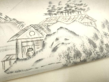 平和屋着物●太鼓柄袋帯　作家物　手描き　紬地　遠山風景文　正絹　逸品　CABJ4934hy