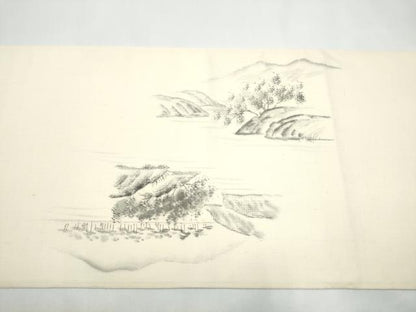 平和屋着物●太鼓柄袋帯　作家物　手描き　紬地　遠山風景文　正絹　逸品　CABJ4934hy