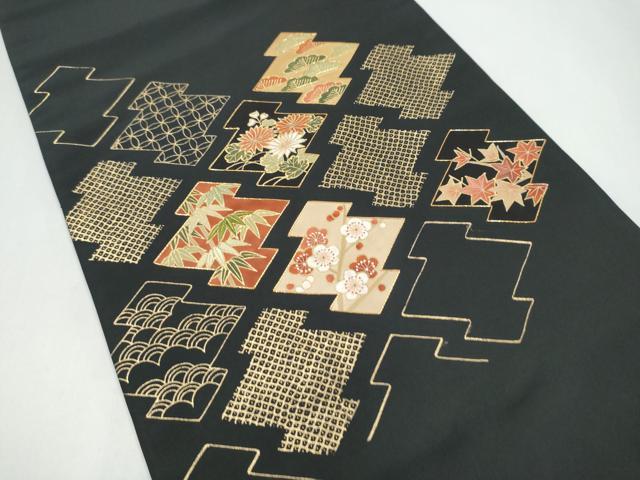 平和屋着物●太鼓柄袋帯　本場縞大島紬　松皮菱松竹梅　黒地　金彩　正絹　逸品　CABJ4941hy
