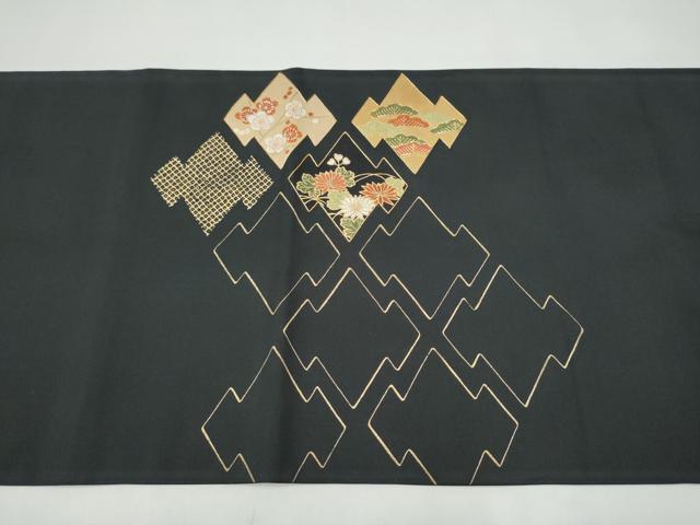 平和屋着物●太鼓柄袋帯　本場縞大島紬　松皮菱松竹梅　黒地　金彩　正絹　逸品　CABJ4941hy