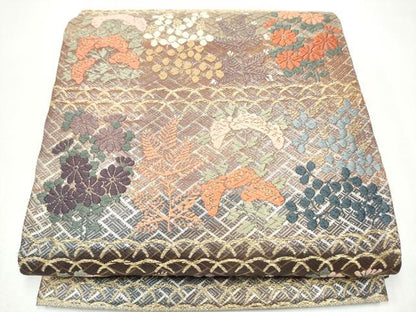 平和屋着物●佐賀錦　六通柄袋帯　唐織　横縞唐秋草文　金糸　正絹　逸品　CABJ4958hy