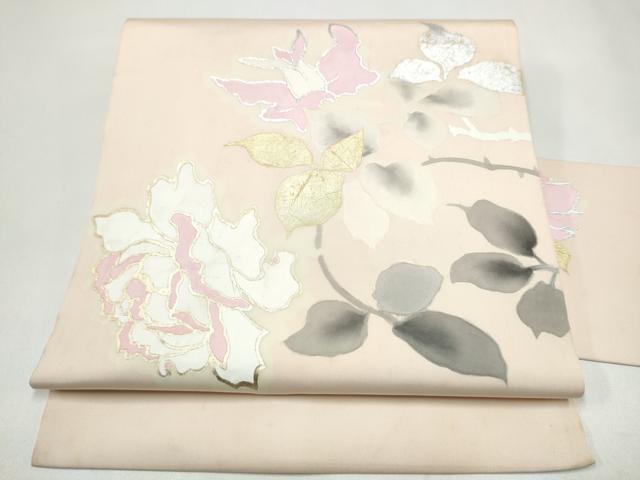 平和屋着物●塩瀬　九寸名古屋帯　手描き　枝花文　金銀彩　正絹　逸品　CABJ4975hy