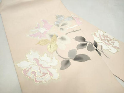 平和屋着物●塩瀬　九寸名古屋帯　手描き　枝花文　金銀彩　正絹　逸品　CABJ4975hy