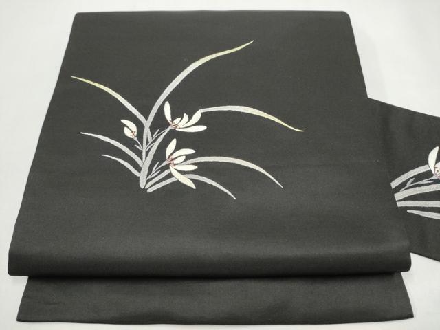 平和屋着物●九寸名古屋帯　総刺繍　草花文　黒地　金糸　正絹　逸品　CABJ4980hy