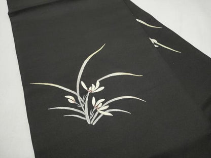 平和屋着物●九寸名古屋帯　総刺繍　草花文　黒地　金糸　正絹　逸品　CABJ4980hy