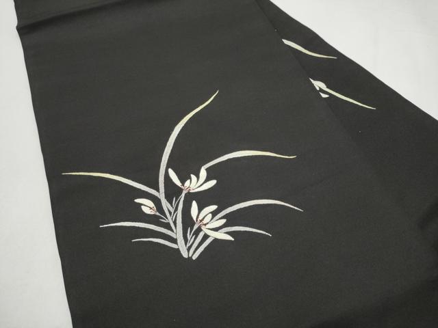 平和屋着物●九寸名古屋帯　総刺繍　草花文　黒地　金糸　正絹　逸品　CABJ4980hy