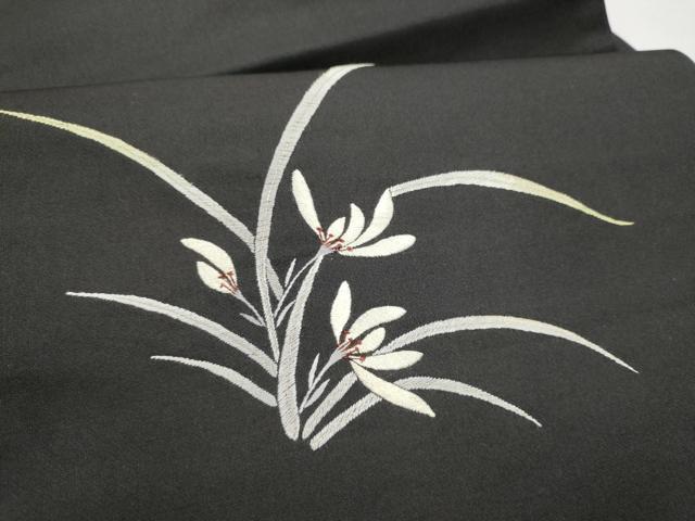 平和屋着物●九寸名古屋帯　総刺繍　草花文　黒地　金糸　正絹　逸品　CABJ4980hy