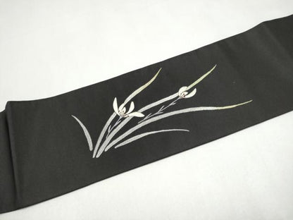 平和屋着物●九寸名古屋帯　総刺繍　草花文　黒地　金糸　正絹　逸品　CABJ4980hy