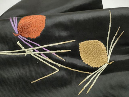 平和屋着物●アンティーク　大正ロマン　九寸名古屋帯　総手刺繍　こぼれ松葉　黒地　金糸　正絹　逸品　CABJ4984hy