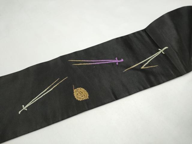 平和屋着物●アンティーク　大正ロマン　九寸名古屋帯　総手刺繍　こぼれ松葉　黒地　金糸　正絹　逸品　CABJ4984hy