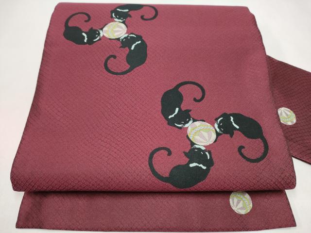 平和屋着物●全通柄　九寸名古屋帯　黒猫　毬　正絹　逸品　CABJ4985hy