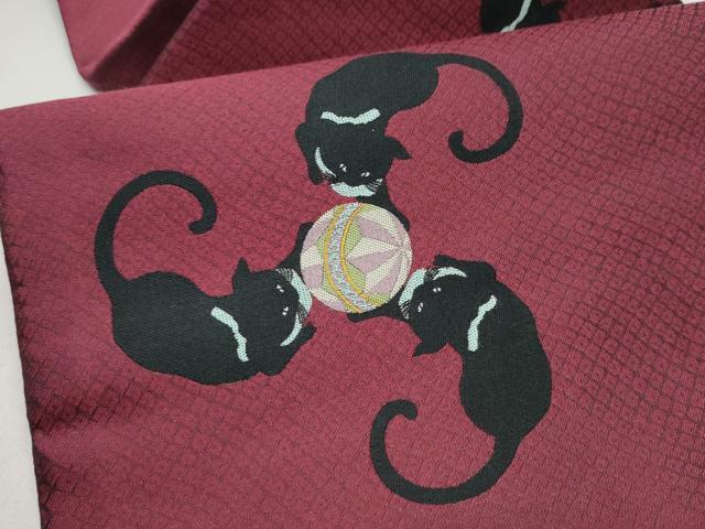 平和屋着物●全通柄　九寸名古屋帯　黒猫　毬　正絹　逸品　CABJ4985hy